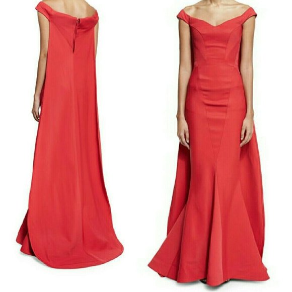 °$5,000 NEW ZAC POSEN CHERRY RED SILK CAPE RUNWAY GOWN US 4 - Picture 8 of 15